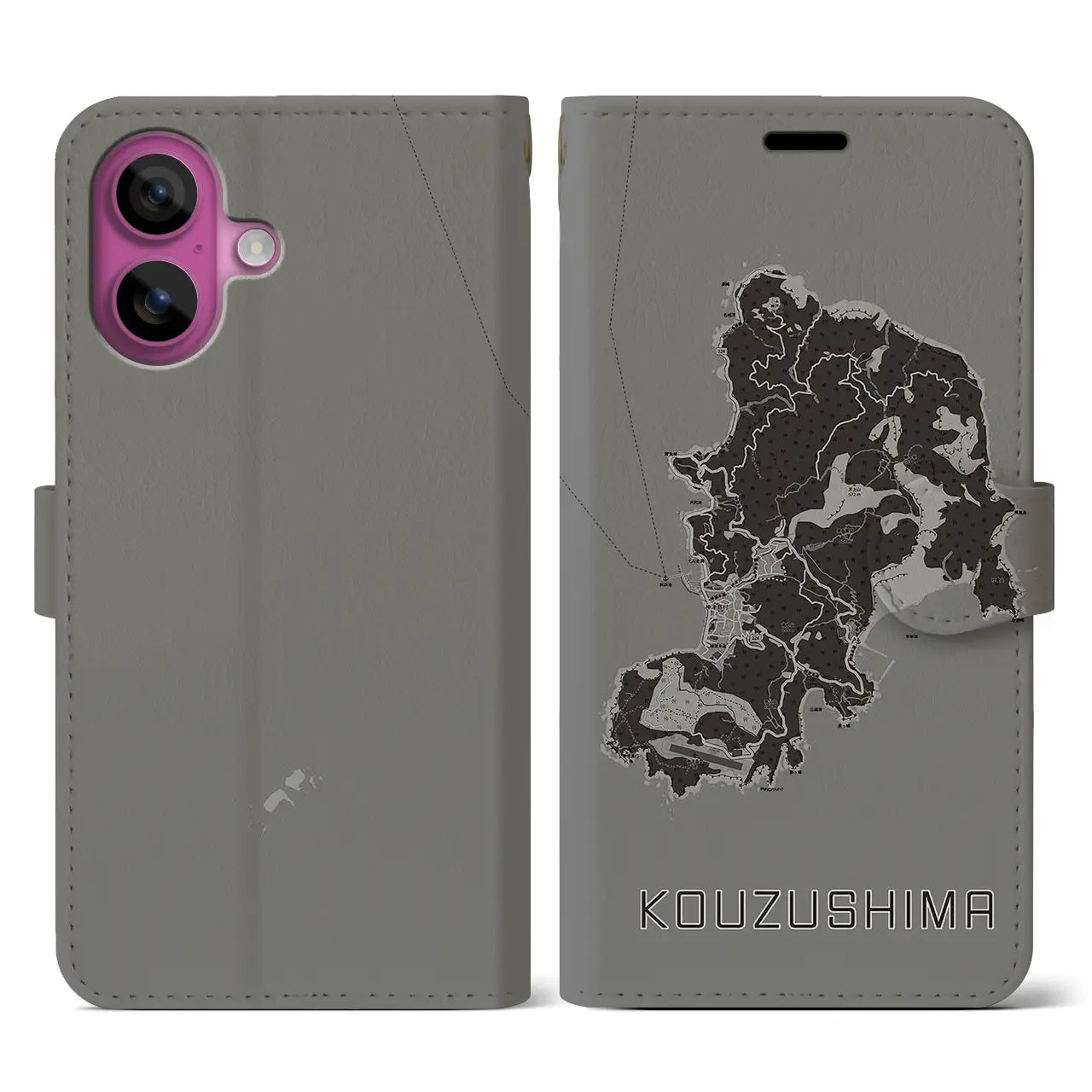 【神津島(東京都)】地図柄iPhoneケース(手帳タイプ)モノトーン・iPhone 16 Pro 用