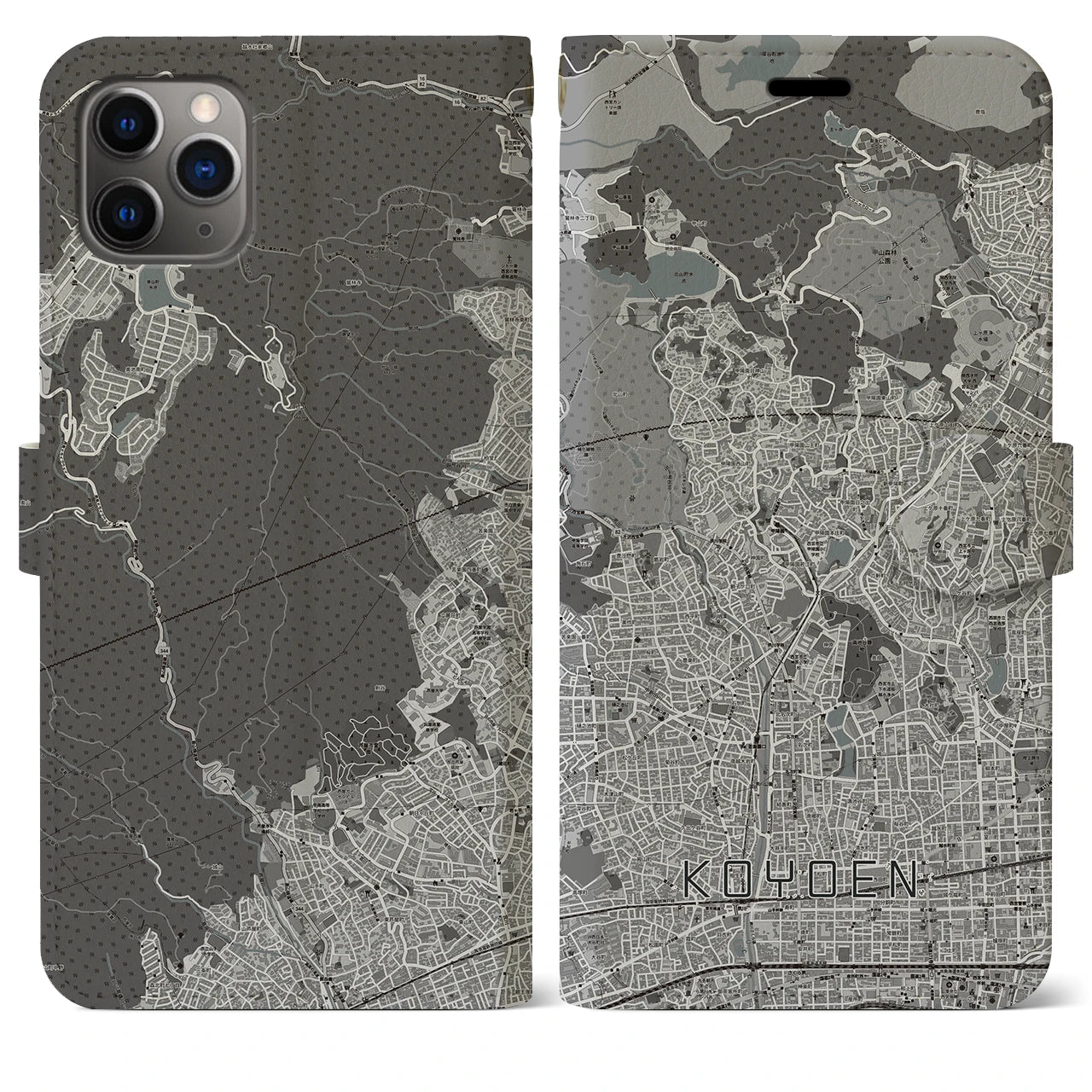 【甲陽園(兵庫県)】地図柄iPhoneケース(手帳タイプ)モノトーン・iPhone 11 Pro Max 用