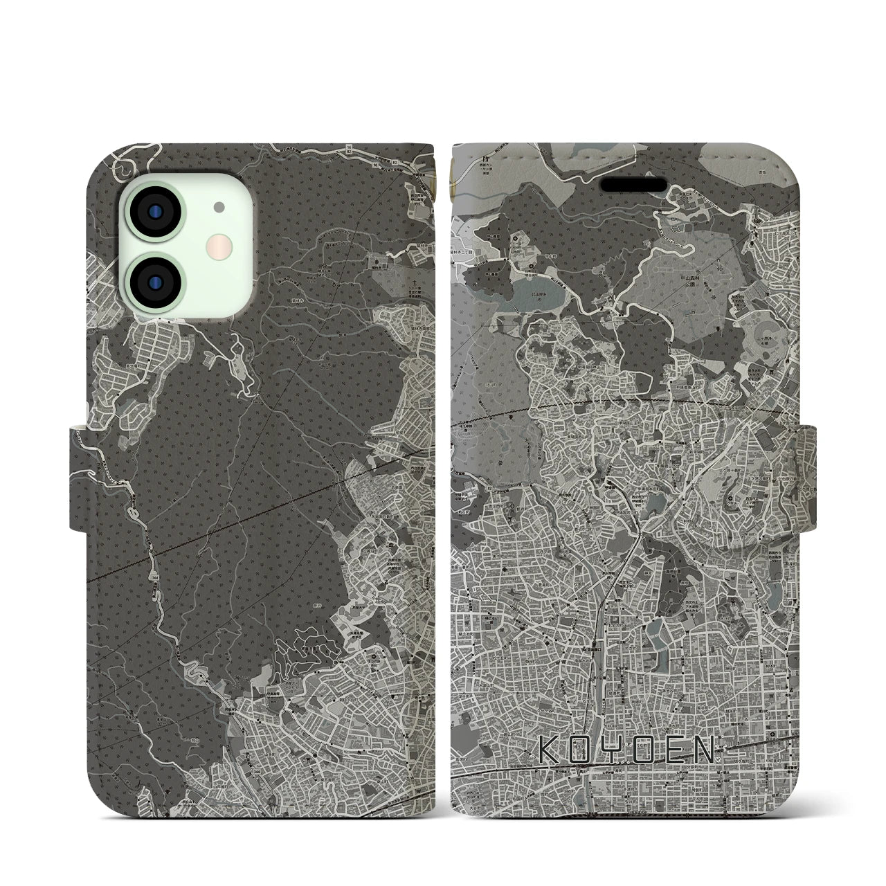 【甲陽園(兵庫県)】地図柄iPhoneケース(手帳タイプ)モノトーン・iPhone 12 mini 用