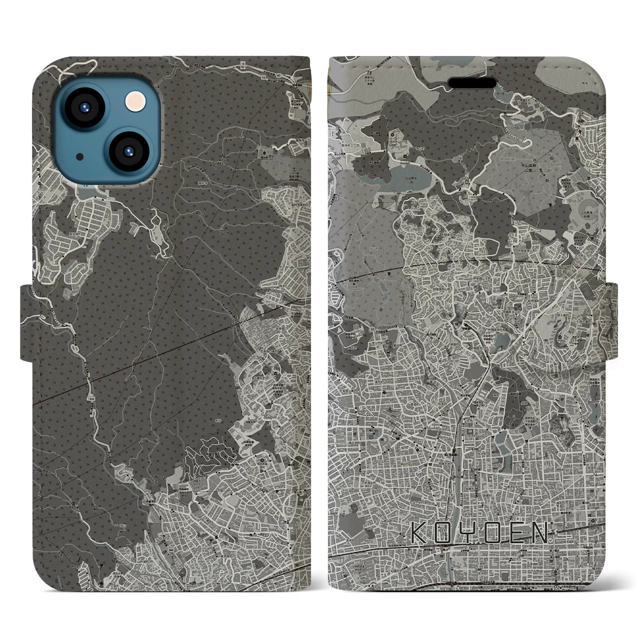 【甲陽園(兵庫県)】地図柄iPhoneケース(手帳タイプ)モノトーン・iPhone 13 用
