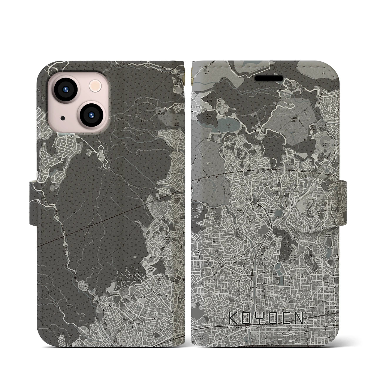 【甲陽園(兵庫県)】地図柄iPhoneケース(手帳タイプ)モノトーン・iPhone 13 mini 用