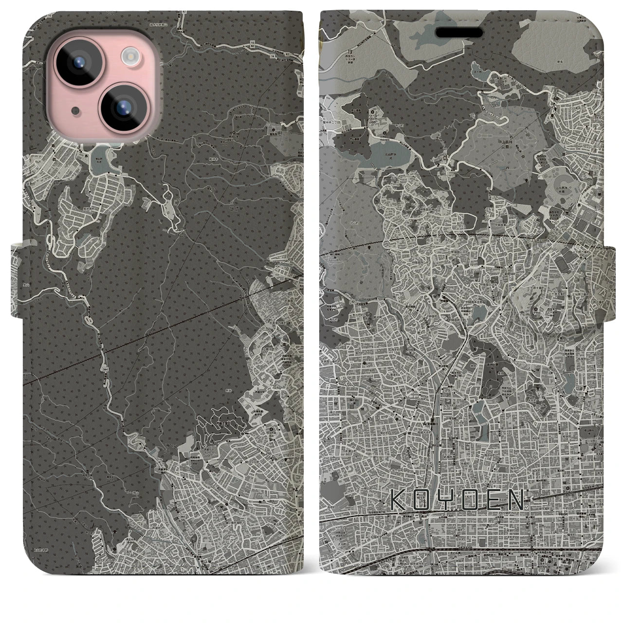 【甲陽園(兵庫県)】地図柄iPhoneケース(手帳タイプ)モノトーン・iPhone 15 Plus 用