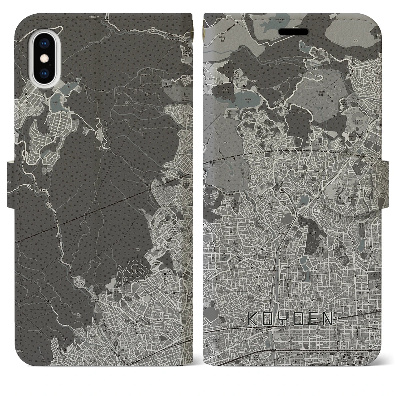 【甲陽園(兵庫県)】地図柄iPhoneケース(手帳タイプ)モノトーン・iPhone XS Max 用