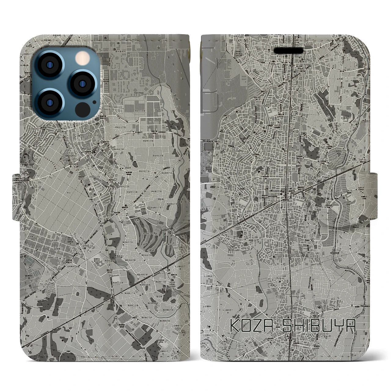 【高座渋谷(神奈川県)】地図柄iPhoneケース(手帳タイプ)モノトーン・iPhone 12 / 12 Pro 用
