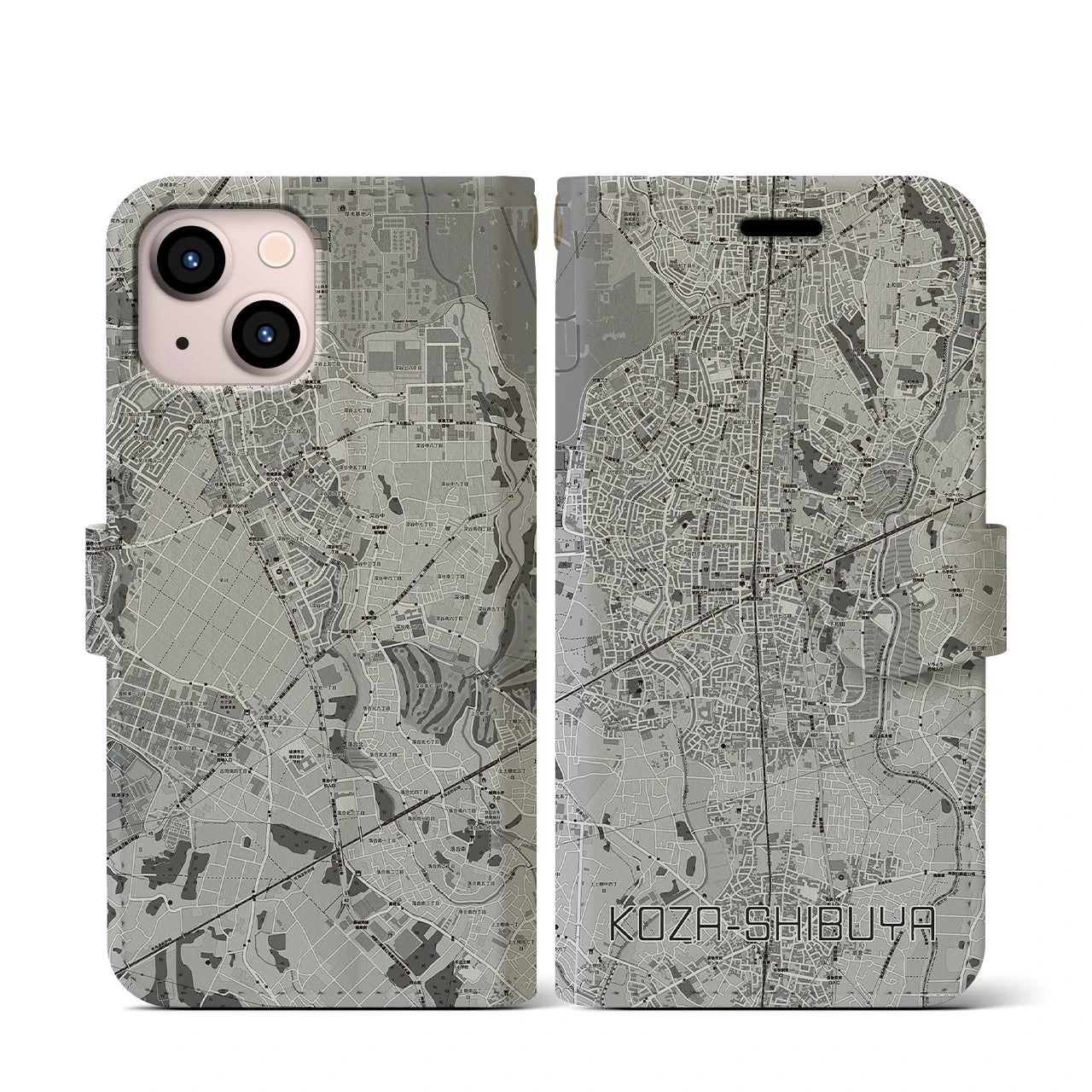 【高座渋谷(神奈川県)】地図柄iPhoneケース(手帳タイプ)モノトーン・iPhone 13 mini 用