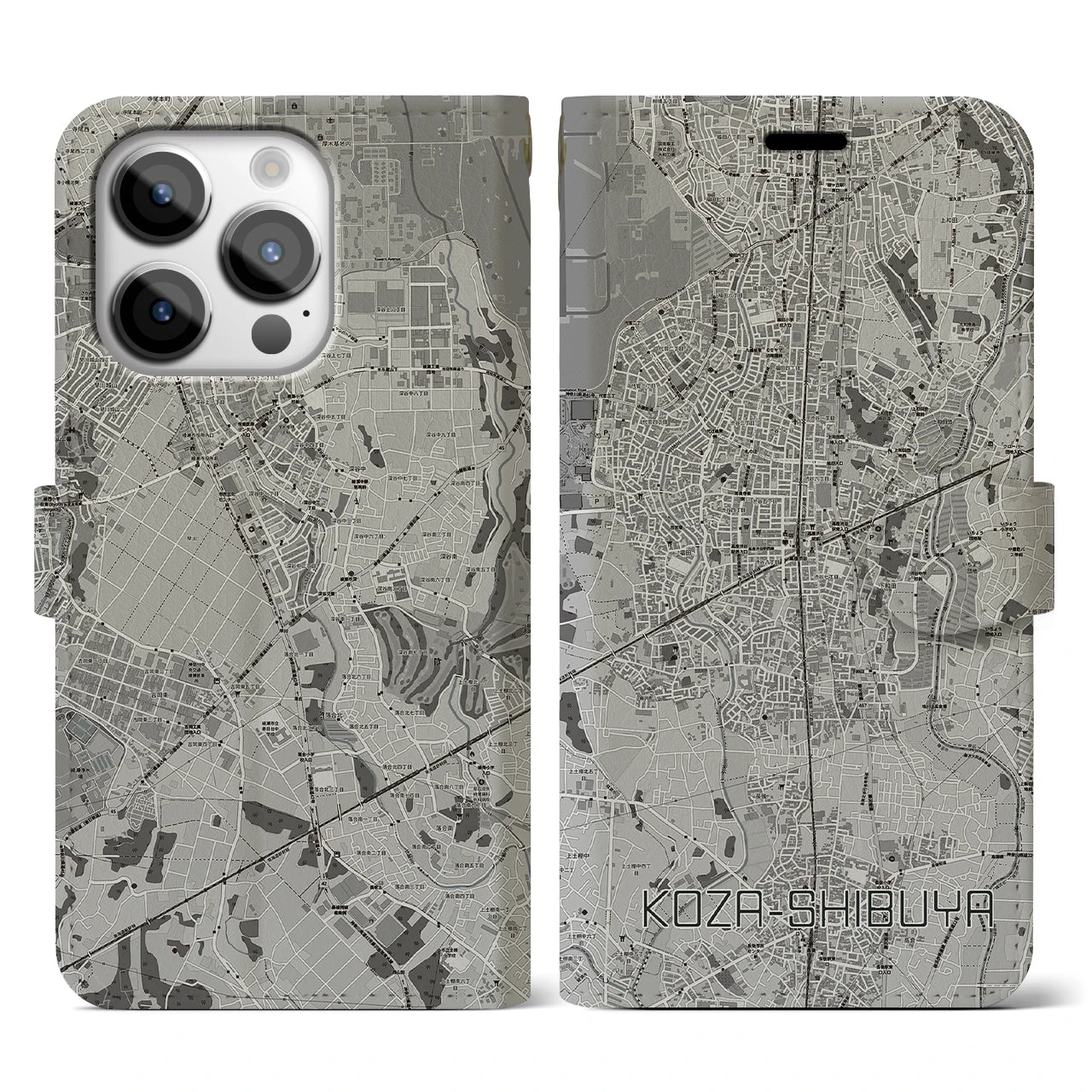 【高座渋谷(神奈川県)】地図柄iPhoneケース(手帳タイプ)モノトーン・iPhone 14 Pro 用