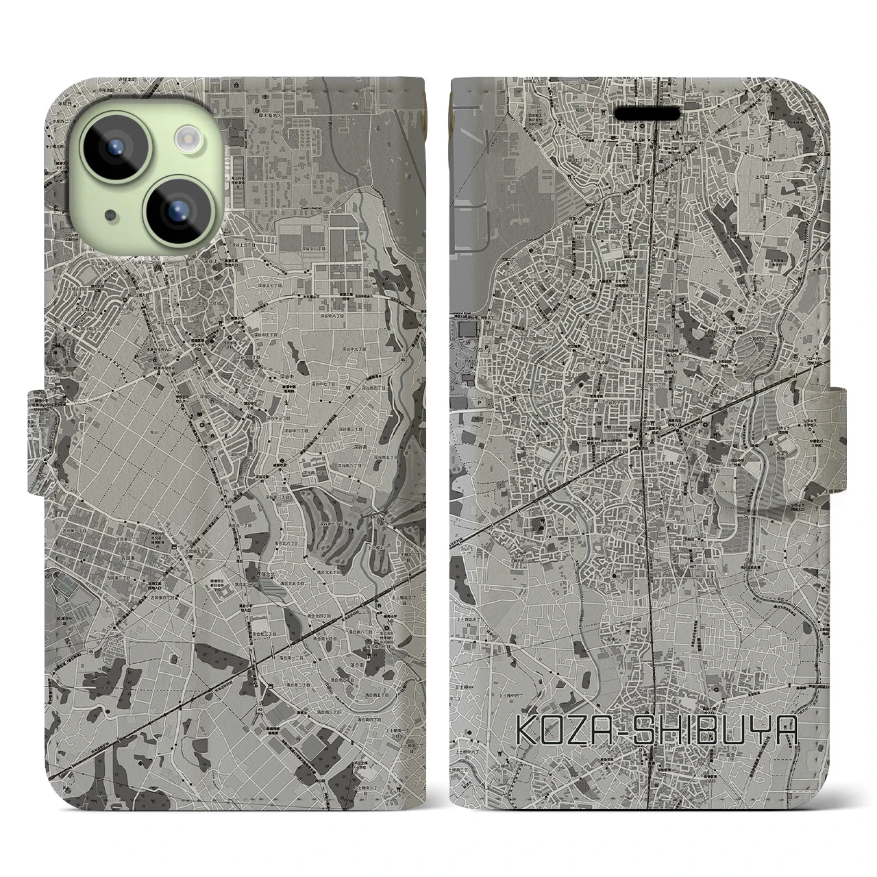 【高座渋谷(神奈川県)】地図柄iPhoneケース(手帳タイプ)モノトーン・iPhone 15 用