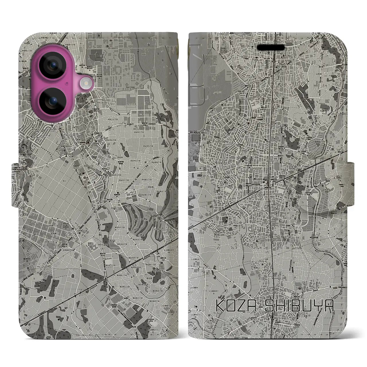 【高座渋谷(神奈川県)】地図柄iPhoneケース(手帳タイプ)モノトーン・iPhone 16 Pro 用