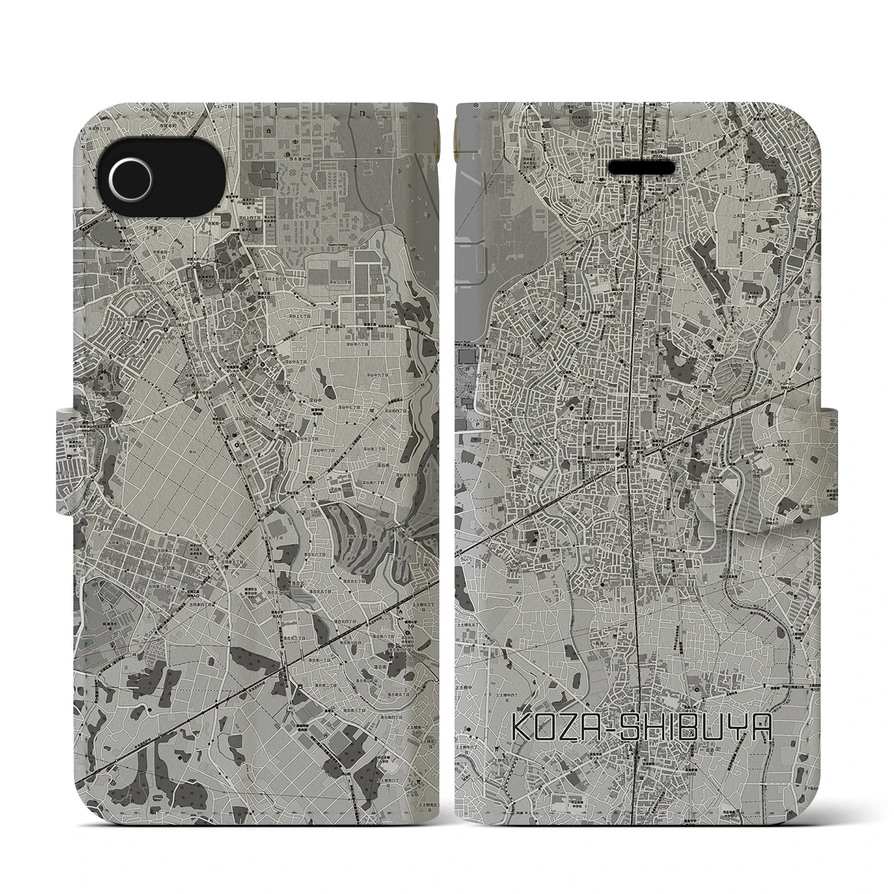 【高座渋谷(神奈川県)】地図柄iPhoneケース(手帳タイプ)モノトーン・iPhone SE(第3 / 第2世代) / 8 / 7 / 6s / 6 用
