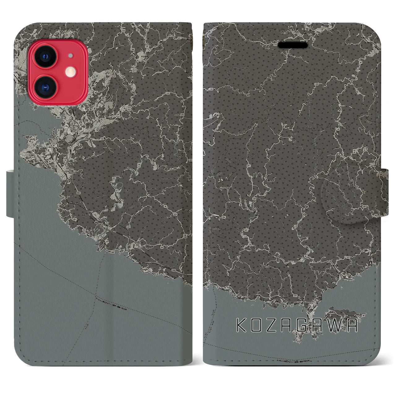 【古座川(和歌山県)】地図柄iPhoneケース(手帳タイプ)モノトーン・iPhone 11 用