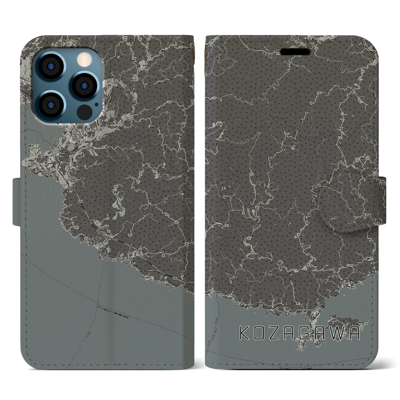【古座川(和歌山県)】地図柄iPhoneケース(手帳タイプ)モノトーン・iPhone 12 / 12 Pro 用