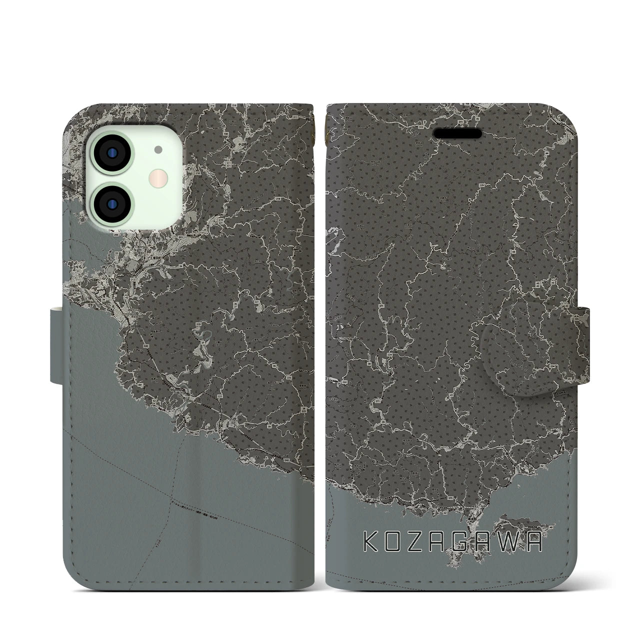【古座川(和歌山県)】地図柄iPhoneケース(手帳タイプ)モノトーン・iPhone 12 mini 用