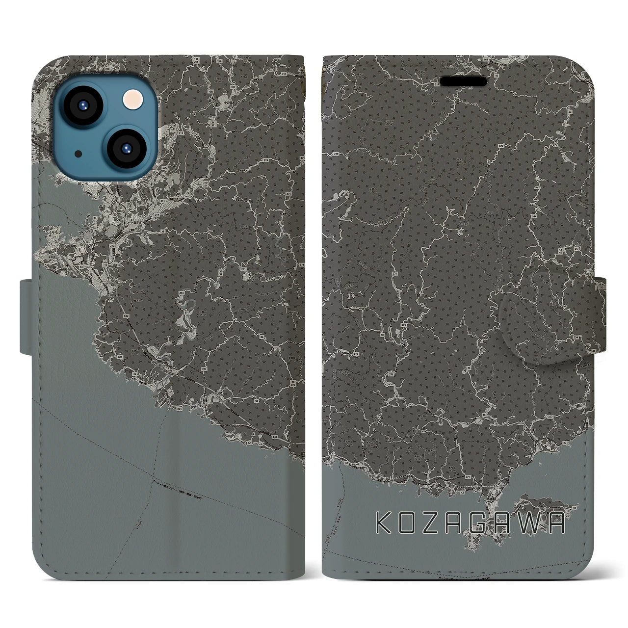 【古座川(和歌山県)】地図柄iPhoneケース(手帳タイプ)モノトーン・iPhone 13 用
