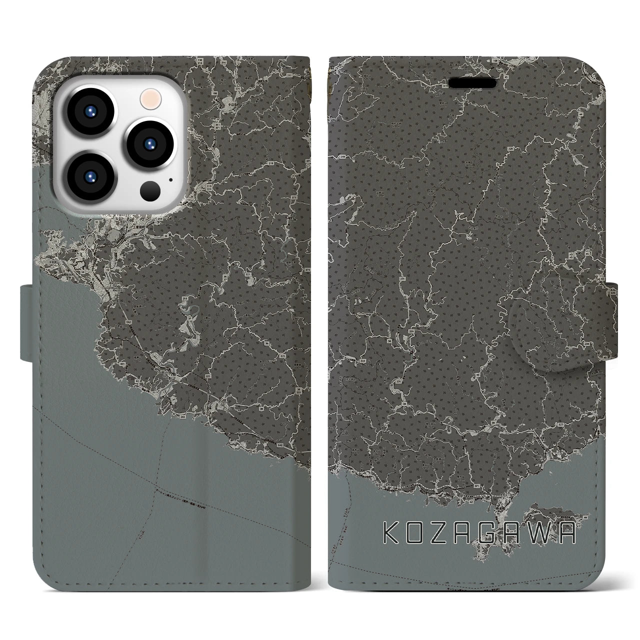 【古座川(和歌山県)】地図柄iPhoneケース(手帳タイプ)モノトーン・iPhone 13 Pro 用