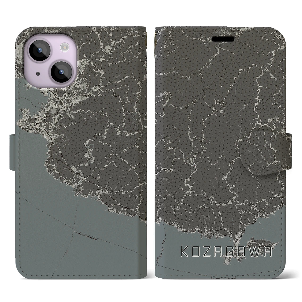 【古座川(和歌山県)】地図柄iPhoneケース(手帳タイプ)モノトーン・iPhone 14 用
