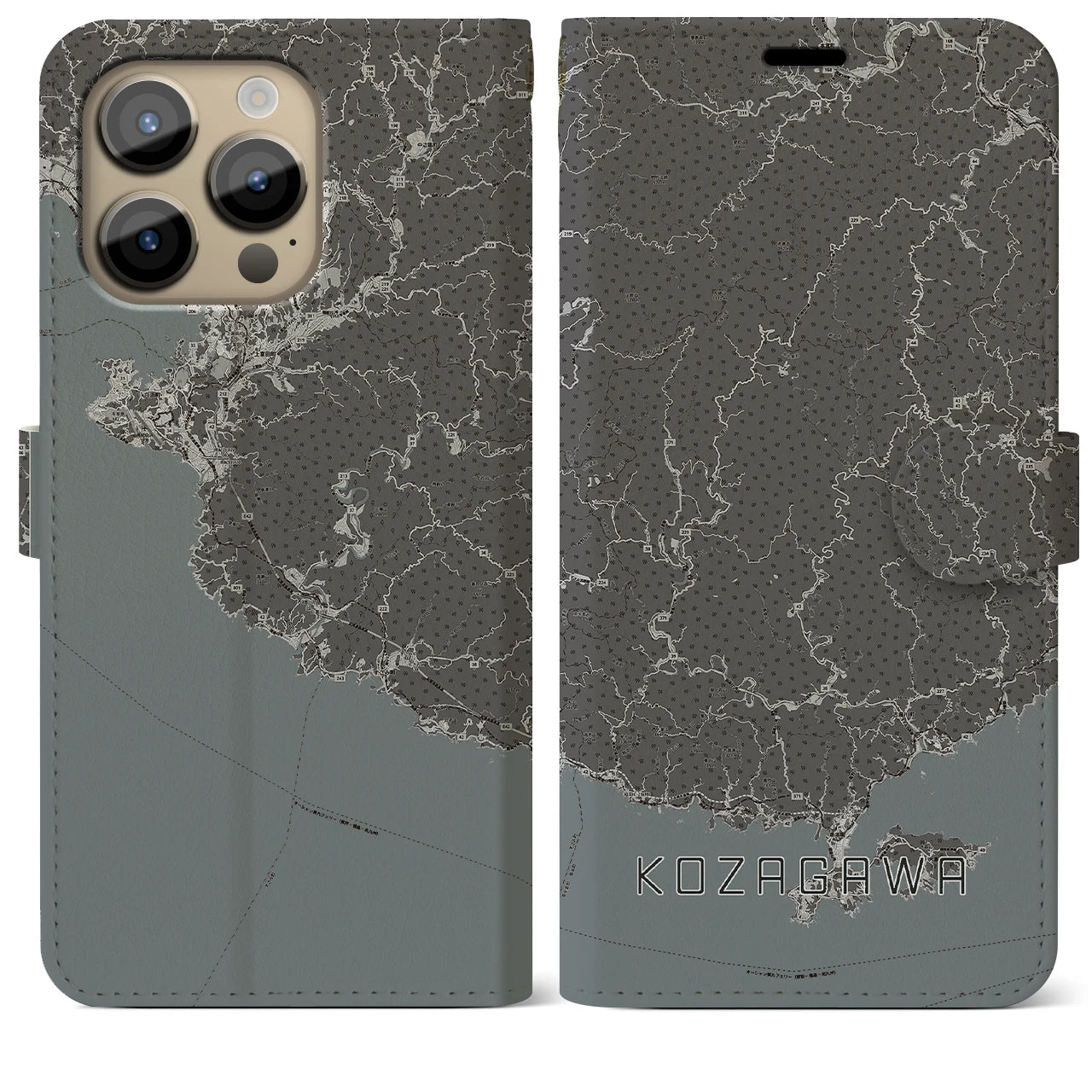 【古座川(和歌山県)】地図柄iPhoneケース(手帳タイプ)モノトーン・iPhone 14 Pro Max 用