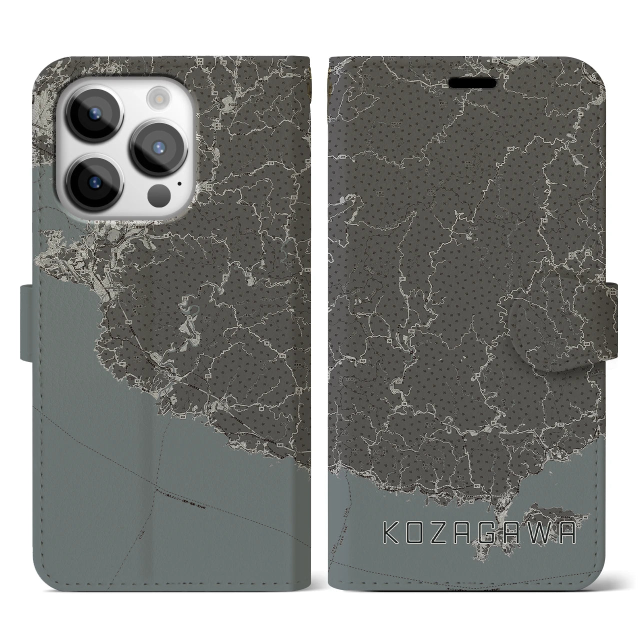 【古座川(和歌山県)】地図柄iPhoneケース(手帳タイプ)モノトーン・iPhone 14 Pro 用