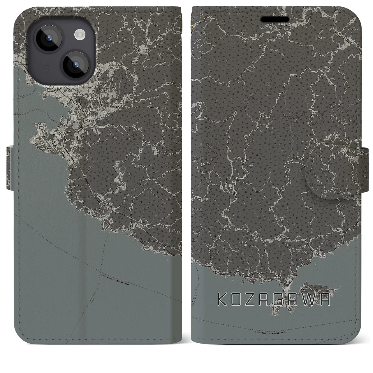 【古座川(和歌山県)】地図柄iPhoneケース(手帳タイプ)モノトーン・iPhone 14 Plus 用