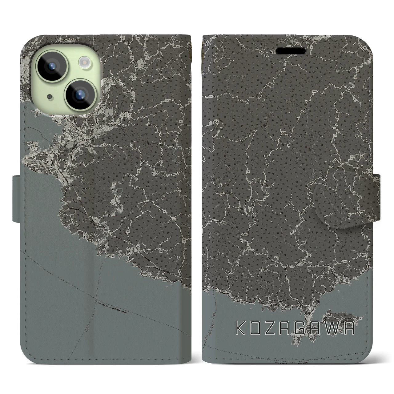 【古座川(和歌山県)】地図柄iPhoneケース(手帳タイプ)モノトーン・iPhone 15 用