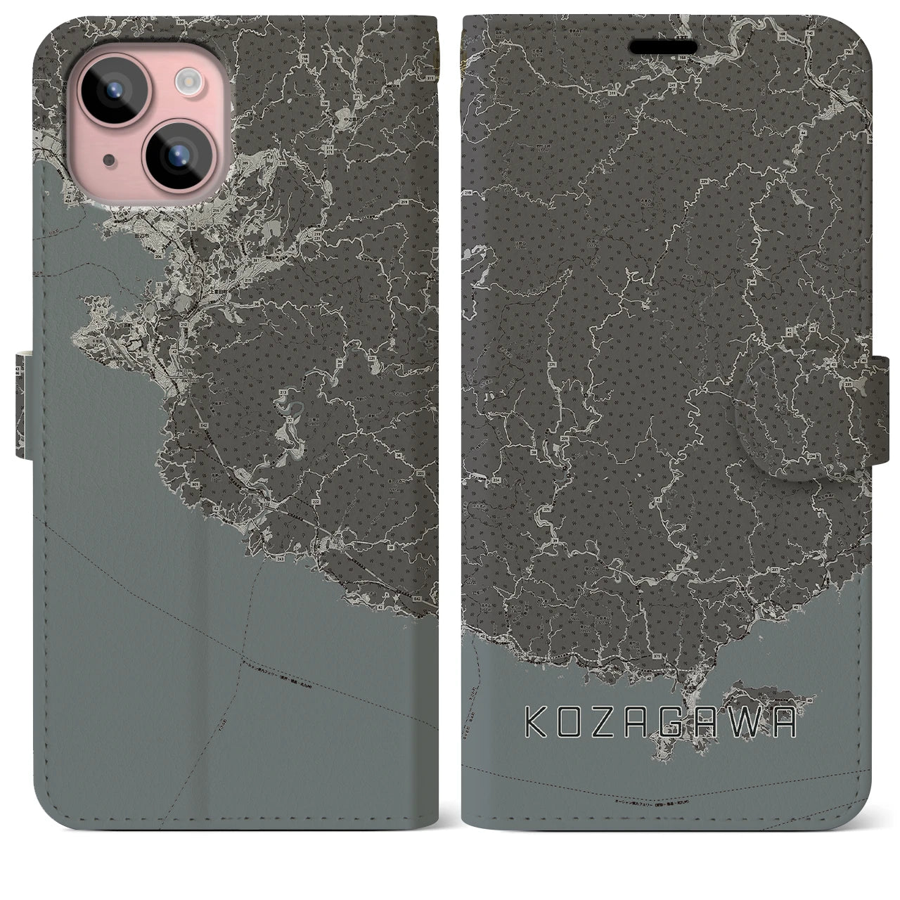 【古座川(和歌山県)】地図柄iPhoneケース(手帳タイプ)モノトーン・iPhone 15 Plus 用
