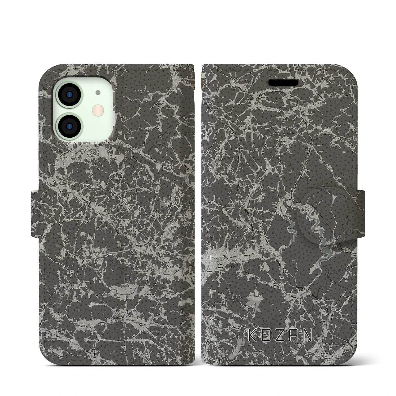 【甲山(広島県)】地図柄iPhoneケース(手帳タイプ)モノトーン・iPhone 12 mini 用