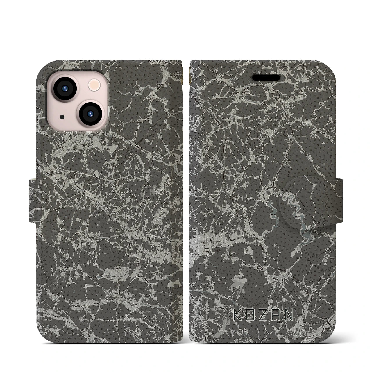 【甲山(広島県)】地図柄iPhoneケース(手帳タイプ)モノトーン・iPhone 13 mini 用