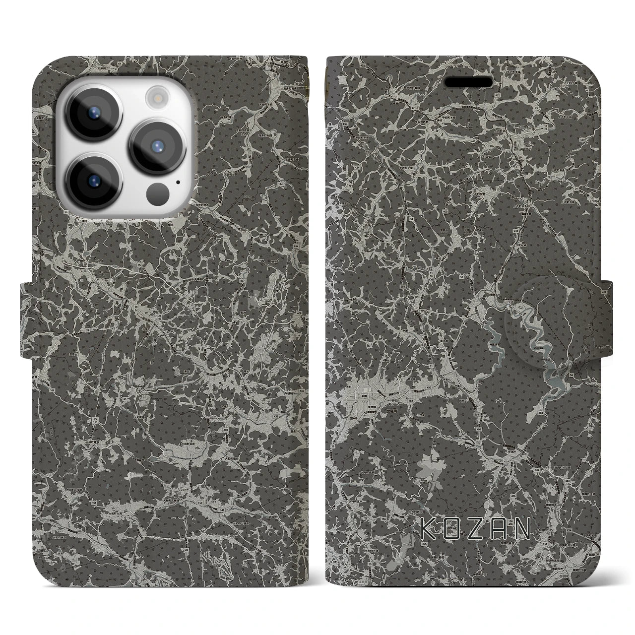 【甲山(広島県)】地図柄iPhoneケース(手帳タイプ)モノトーン・iPhone 14 Pro 用