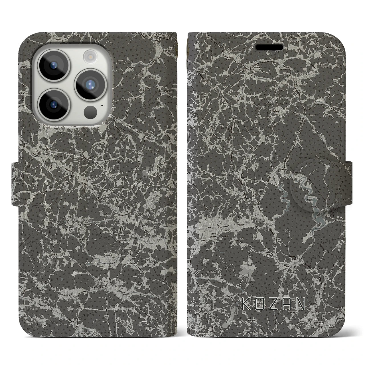 【甲山(広島県)】地図柄iPhoneケース(手帳タイプ)モノトーン・iPhone 15 Pro 用