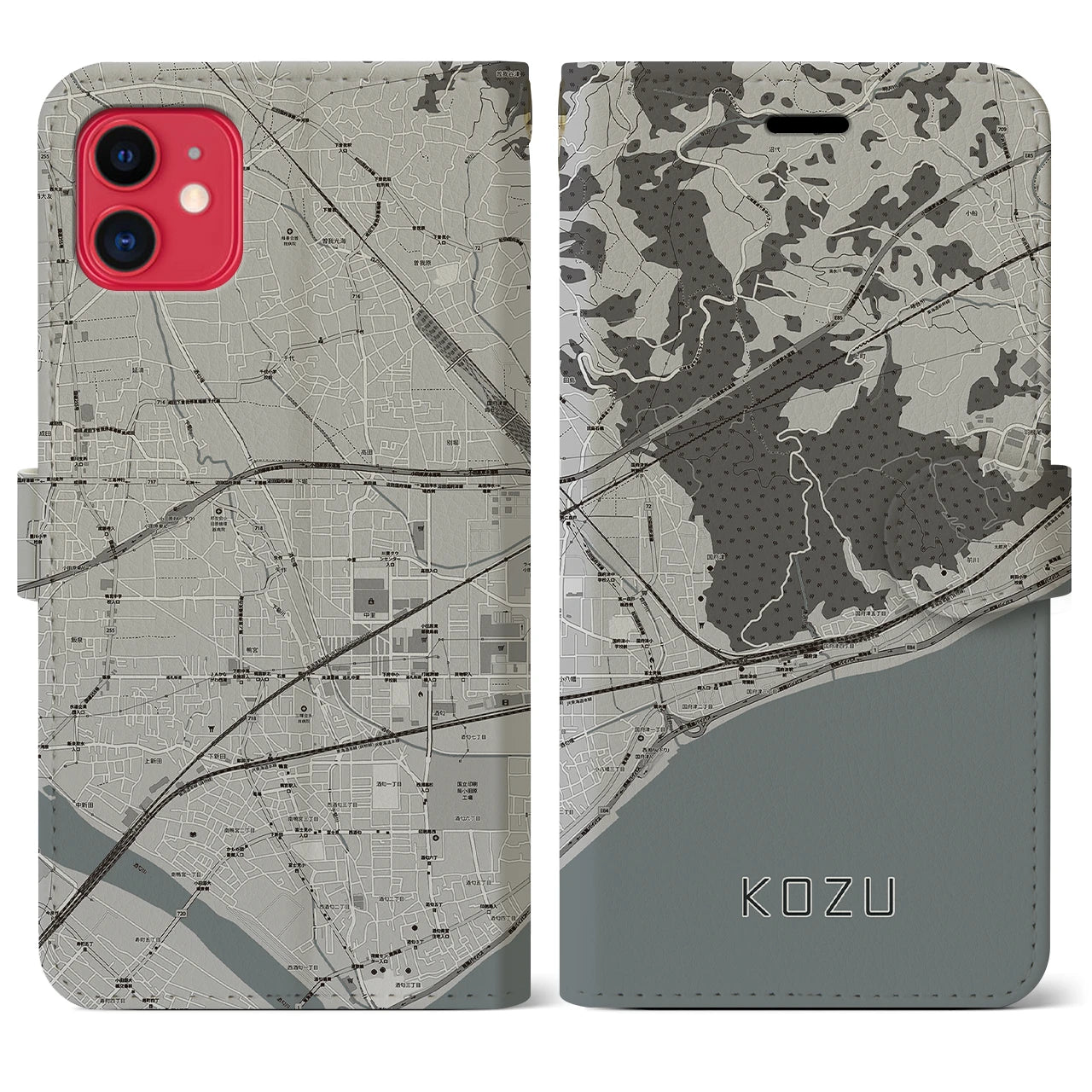 【国府津(神奈川県)】地図柄iPhoneケース(手帳タイプ)モノトーン・iPhone 11 用