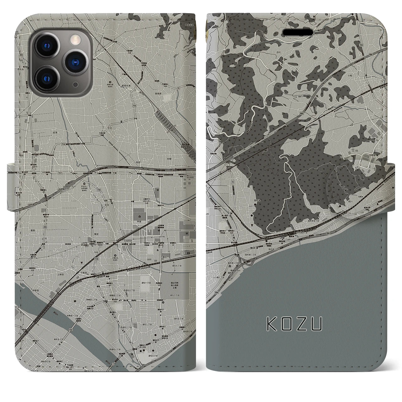 【国府津(神奈川県)】地図柄iPhoneケース(手帳タイプ)モノトーン・iPhone 11 Pro Max 用
