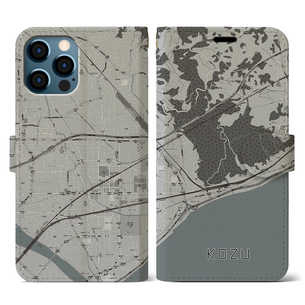 【国府津(神奈川県)】地図柄iPhoneケース(手帳タイプ)モノトーン・iPhone 12 / 12 Pro 用