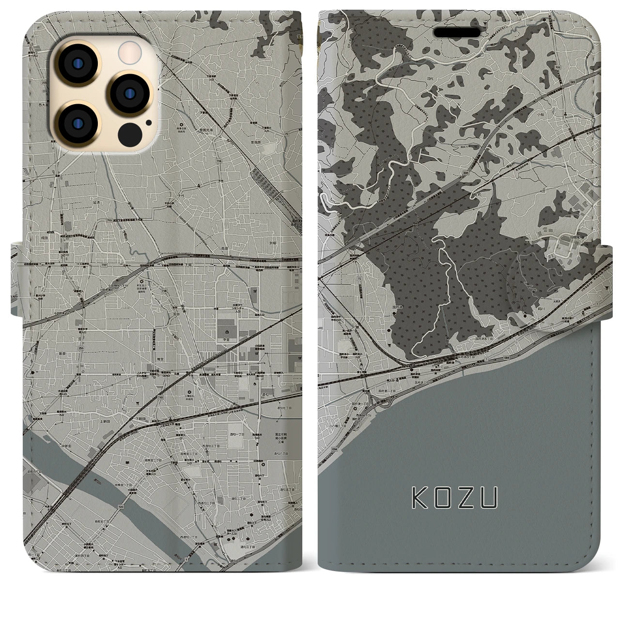 【国府津(神奈川県)】地図柄iPhoneケース(手帳タイプ)モノトーン・iPhone 12 Pro Max 用