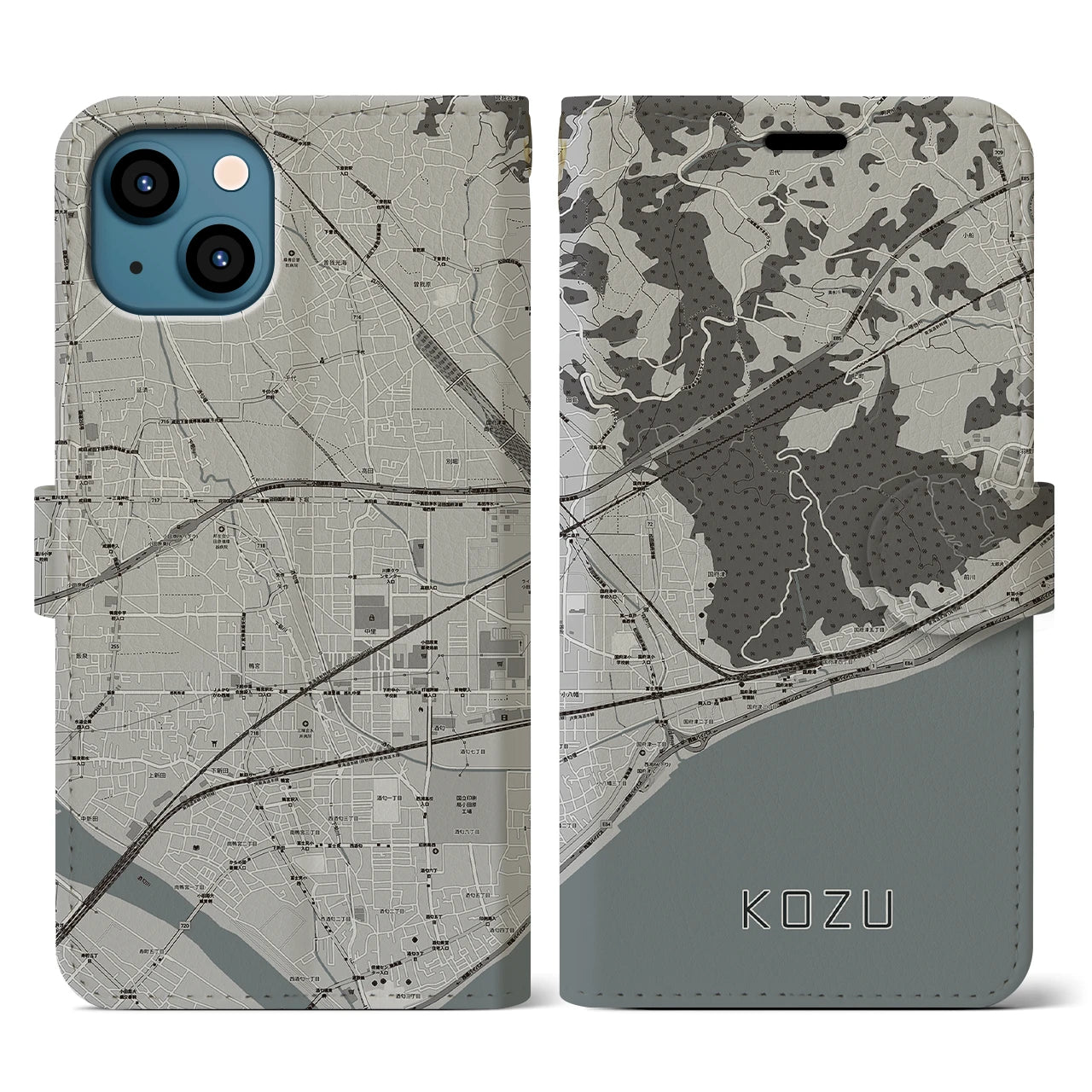 【国府津(神奈川県)】地図柄iPhoneケース(手帳タイプ)モノトーン・iPhone 13 用
