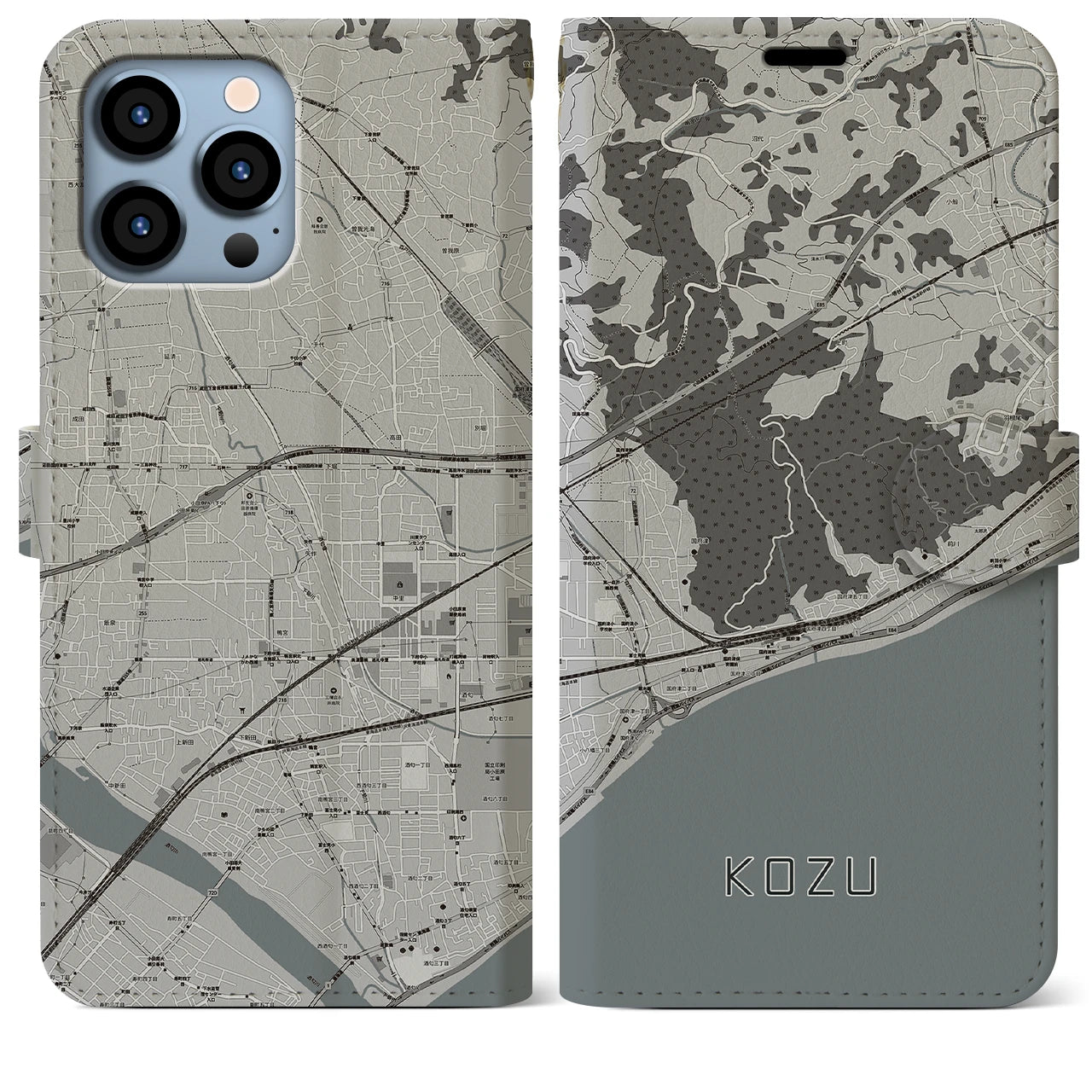 【国府津(神奈川県)】地図柄iPhoneケース(手帳タイプ)モノトーン・iPhone 13 Pro Max 用