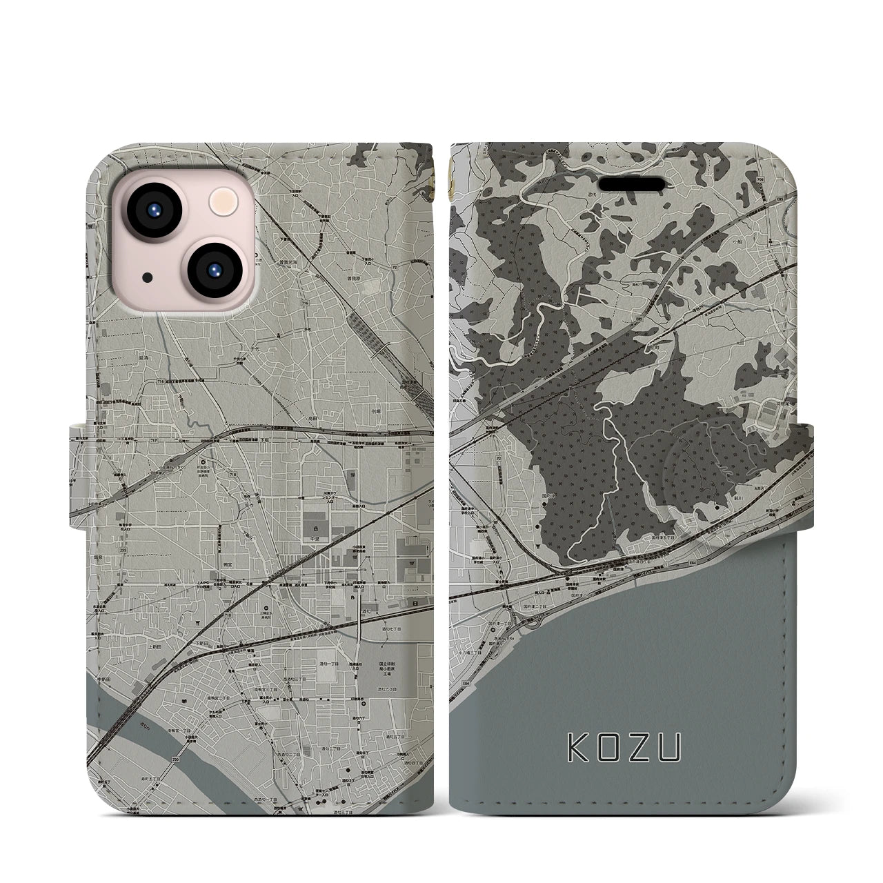 【国府津(神奈川県)】地図柄iPhoneケース(手帳タイプ)モノトーン・iPhone 13 mini 用