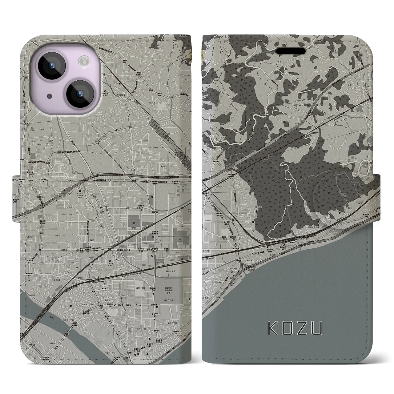 【国府津(神奈川県)】地図柄iPhoneケース(手帳タイプ)モノトーン・iPhone 14 用