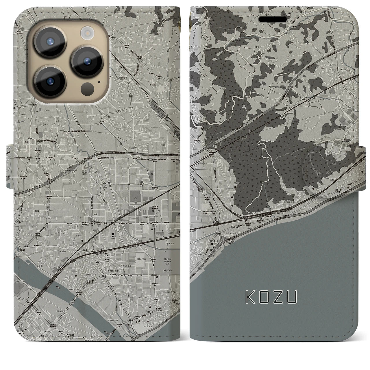 【国府津(神奈川県)】地図柄iPhoneケース(手帳タイプ)モノトーン・iPhone 14 Pro Max 用