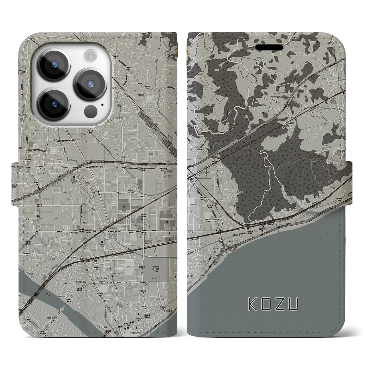 【国府津(神奈川県)】地図柄iPhoneケース(手帳タイプ)モノトーン・iPhone 14 Pro 用