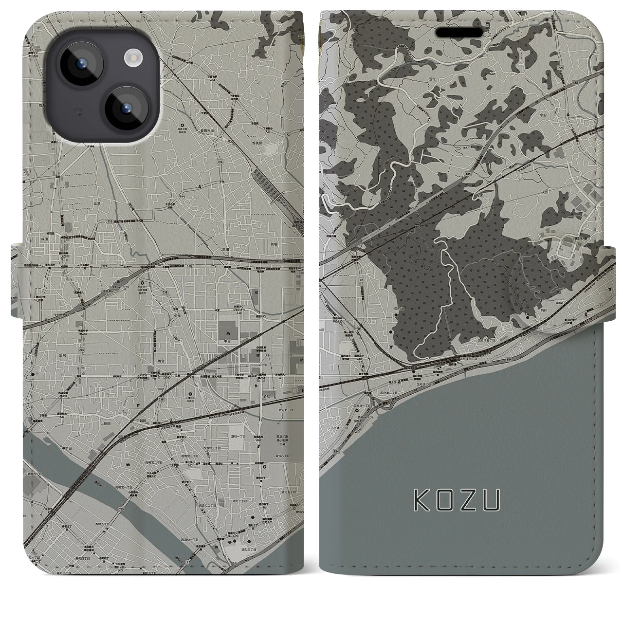 【国府津(神奈川県)】地図柄iPhoneケース(手帳タイプ)モノトーン・iPhone 14 Plus 用