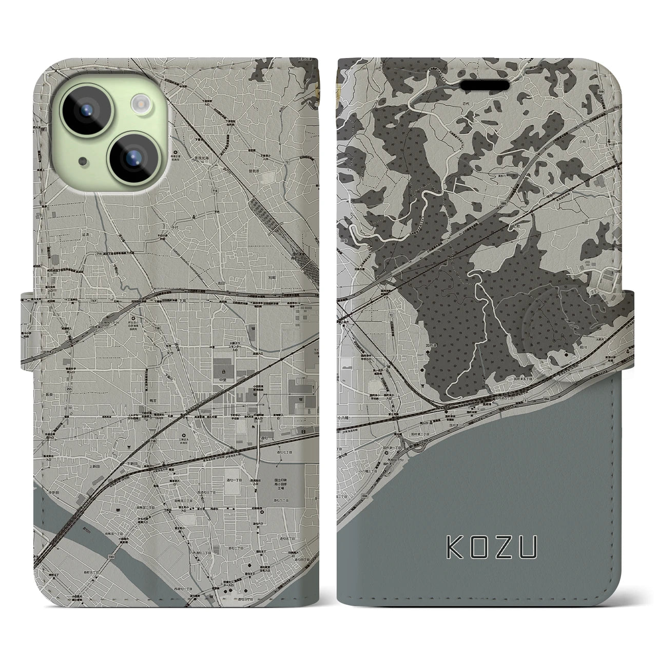 【国府津(神奈川県)】地図柄iPhoneケース(手帳タイプ)モノトーン・iPhone 15 用