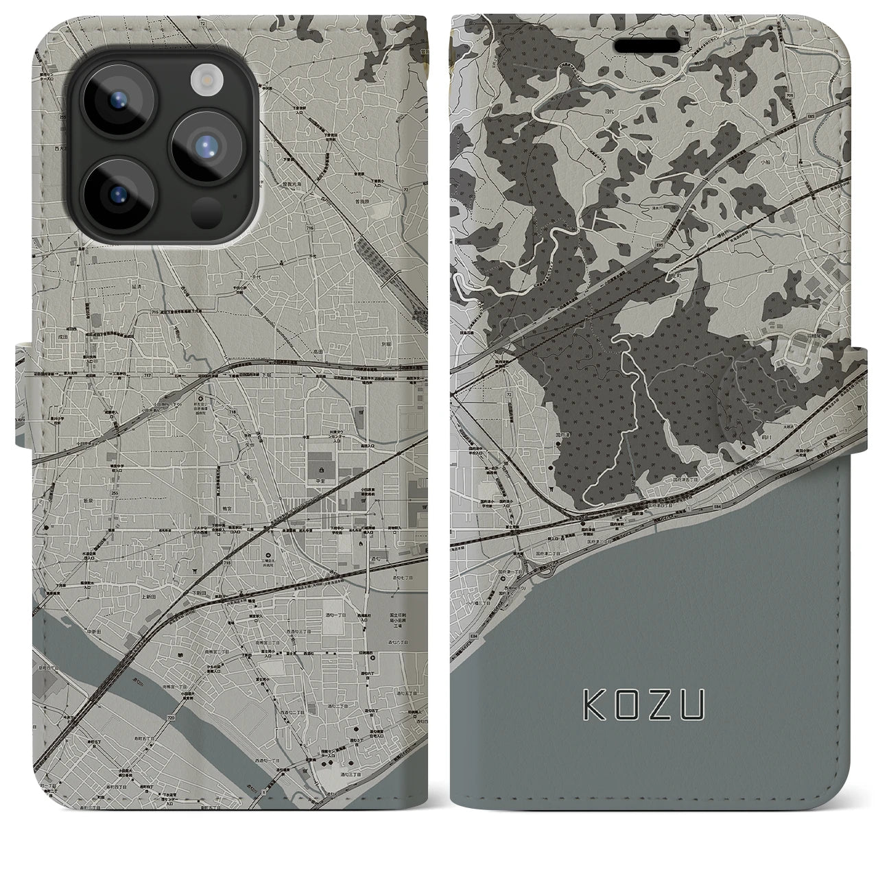 【国府津(神奈川県)】地図柄iPhoneケース(手帳タイプ)モノトーン・iPhone 15 Pro Max 用
