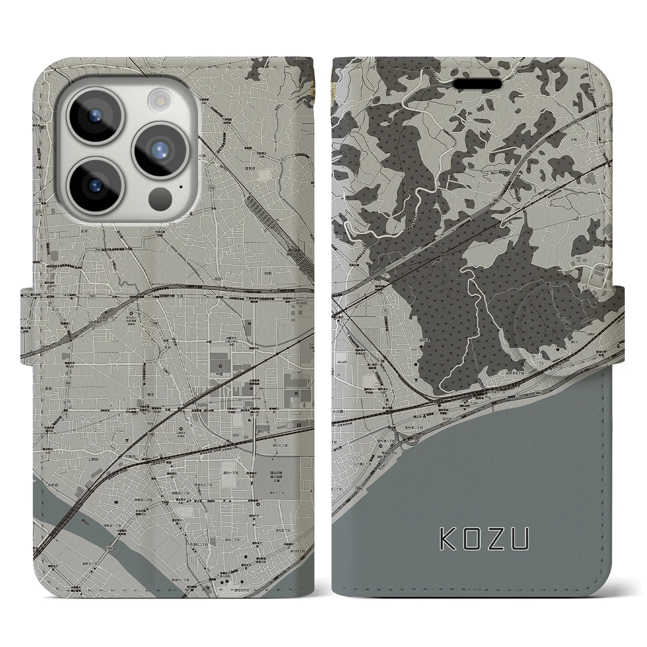 【国府津(神奈川県)】地図柄iPhoneケース(手帳タイプ)モノトーン・iPhone 15 Pro 用