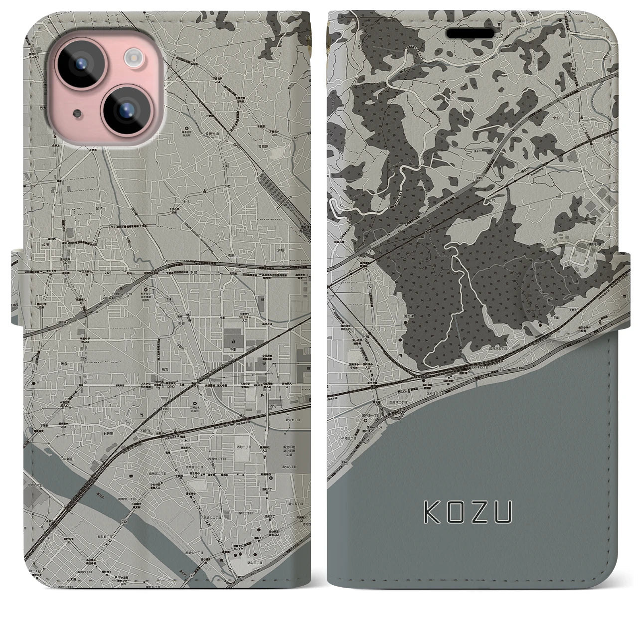 【国府津(神奈川県)】地図柄iPhoneケース(手帳タイプ)モノトーン・iPhone 15 Plus 用
