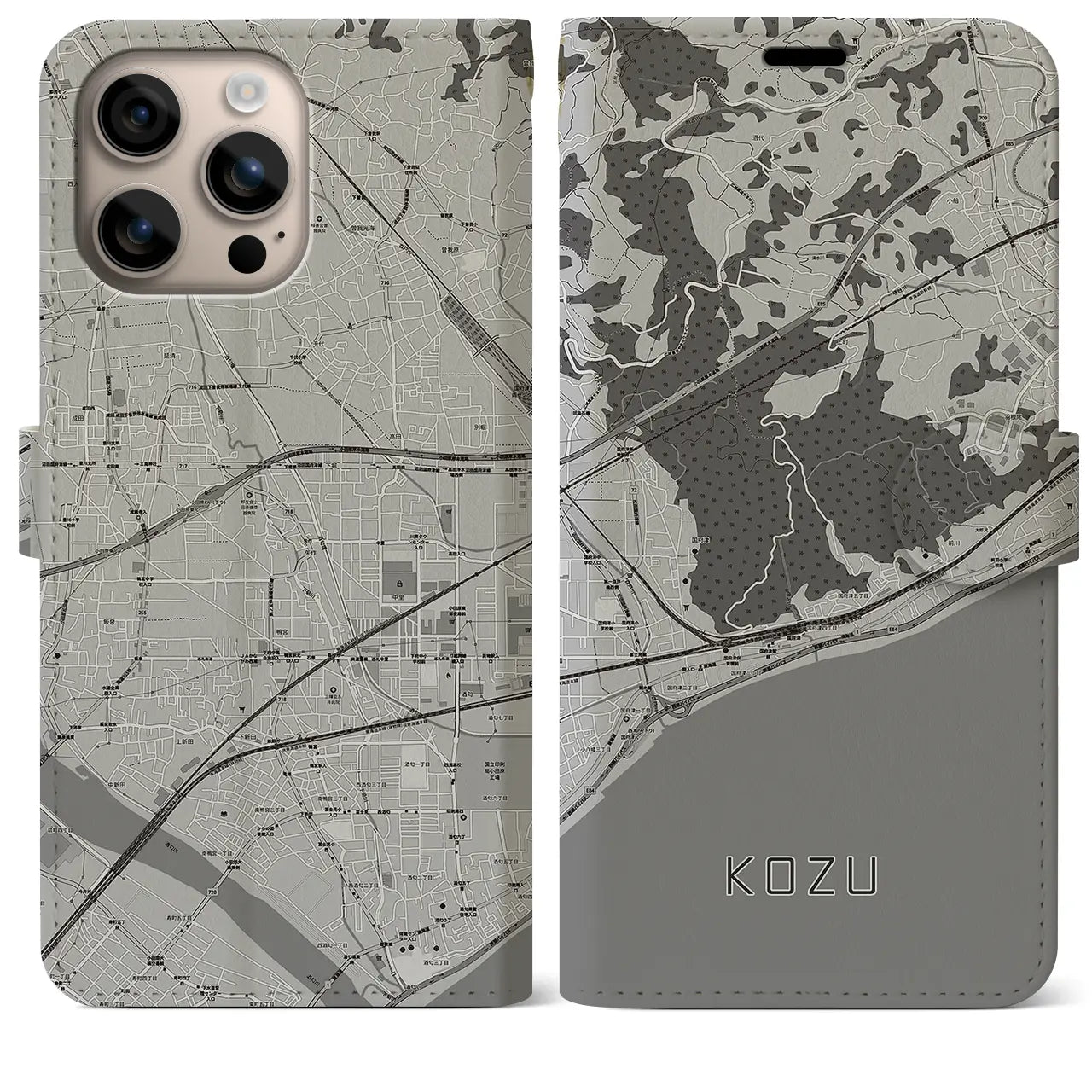 【国府津(神奈川県)】地図柄iPhoneケース(手帳タイプ)モノトーン・iPhone 16 Plus 用
