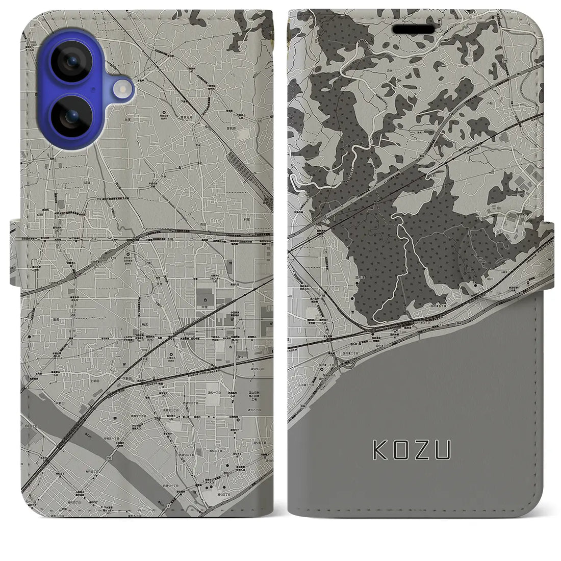 【国府津(神奈川県)】地図柄iPhoneケース(手帳タイプ)モノトーン・iPhone 16 Pro Max 用