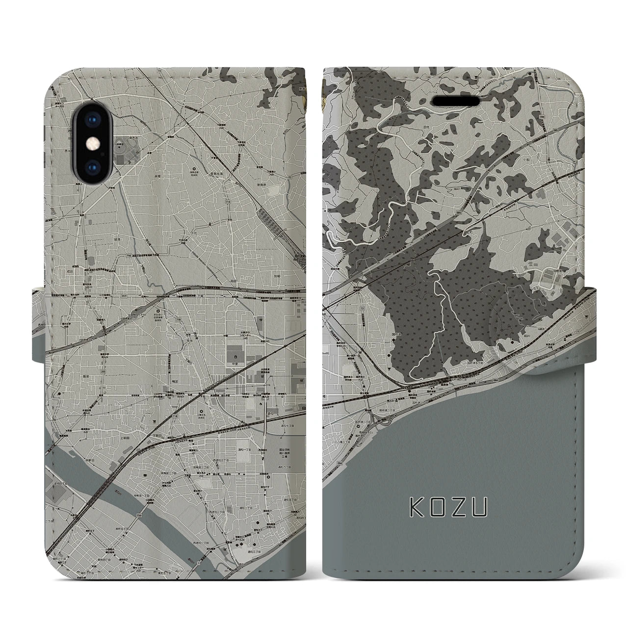 【国府津(神奈川県)】地図柄iPhoneケース(手帳タイプ)モノトーン・iPhone XS / X 用