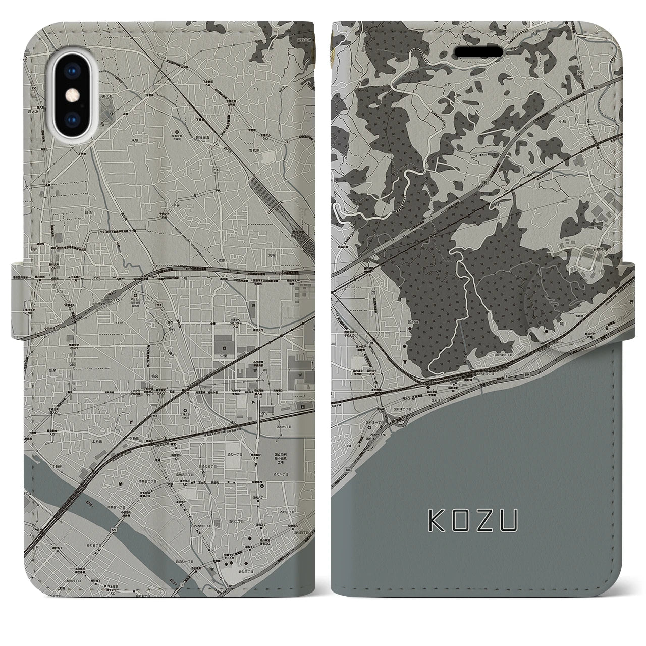 【国府津(神奈川県)】地図柄iPhoneケース(手帳タイプ)モノトーン・iPhone XS Max 用