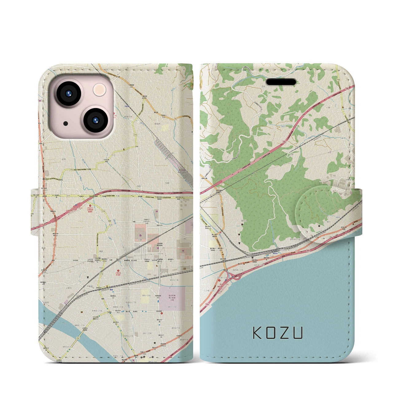 【国府津(神奈川県)】地図柄iPhoneケース(手帳タイプ)ナチュラル・iPhone 13 mini 用