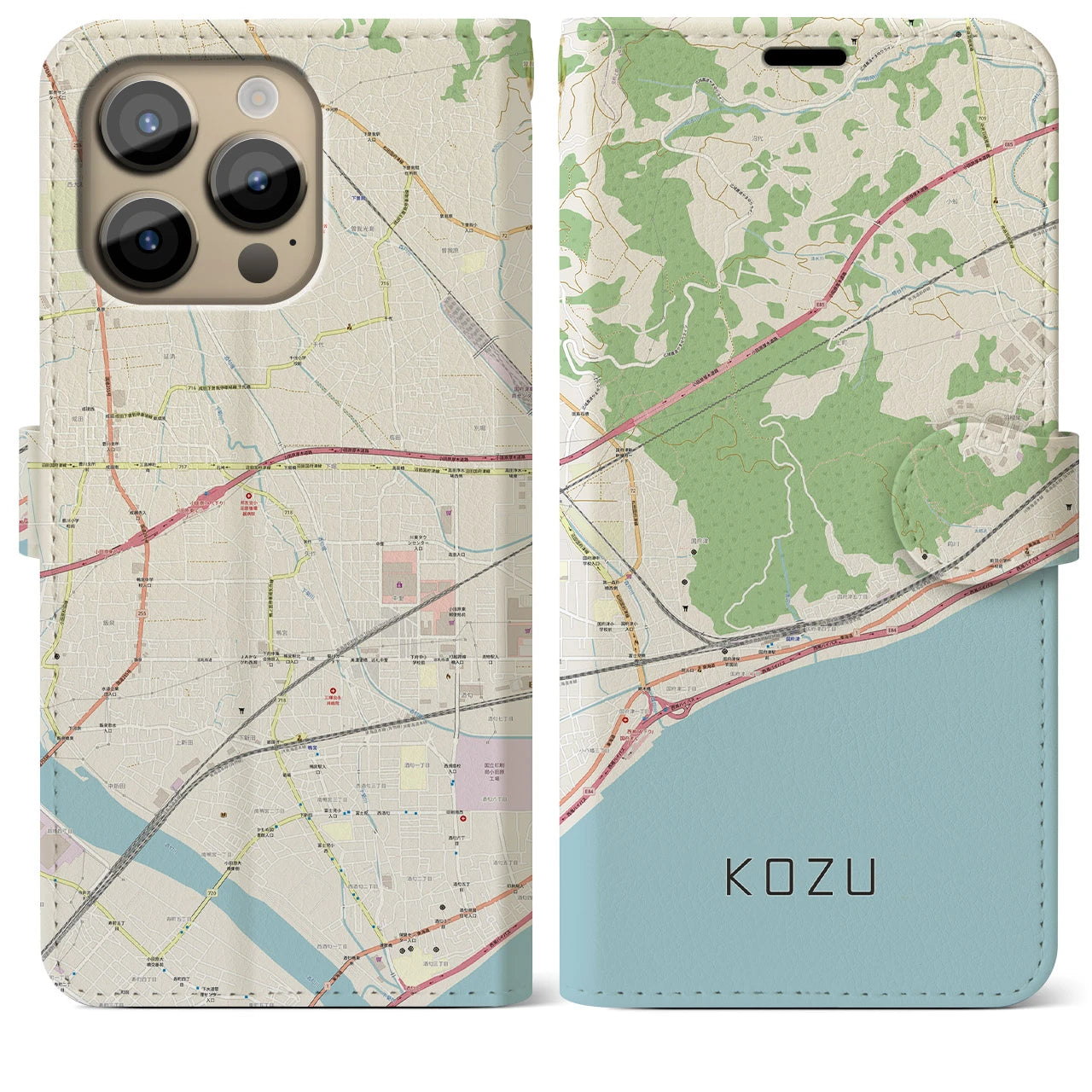 【国府津(神奈川県)】地図柄iPhoneケース(手帳タイプ)ナチュラル・iPhone 14 Pro Max 用