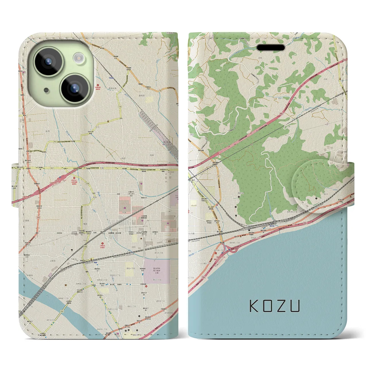 【国府津(神奈川県)】地図柄iPhoneケース(手帳タイプ)ナチュラル・iPhone 15 用